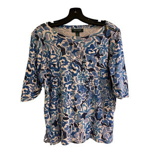 Ralph Lauren Women's S/S Blouse Size1X Blue/White Modern Floral Zip-ShoulderA+